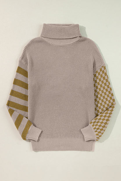 Striped & Checkered Turtleneck Dropped Shoulder Sweater-Angel Casuals