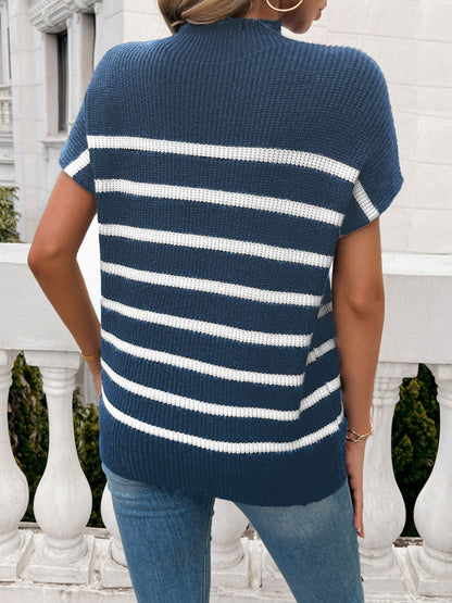 Devine Striped Mock Neck Short Sleeve Sweater-Angel Casuals