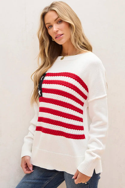 US Flag Round Neck Long Sleeve Knit Top-Angel Casuals