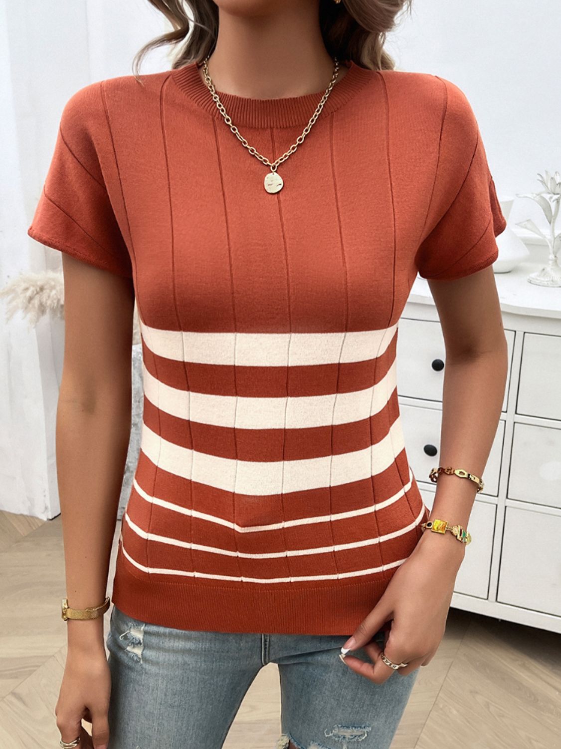 Devine Striped Round Neck Short Sleeve Knit Top-Angel Casuals