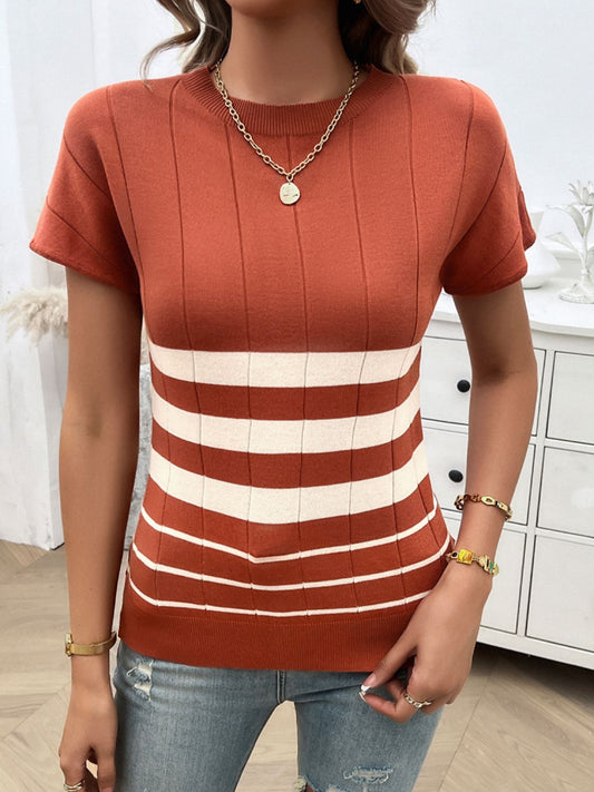 Devine Striped Round Neck Short Sleeve Knit Top-Angel Casuals
