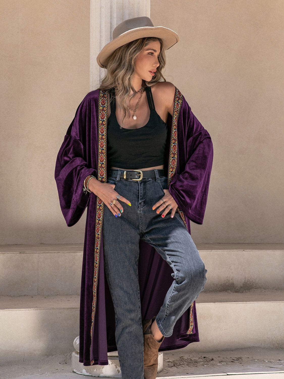 Embroidered Open Front Long Sleeve Cardigan-Angel Casuals
