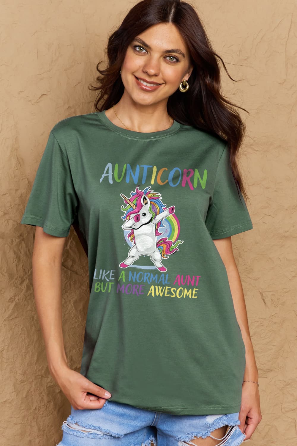 Simply Love Full Size AUNTICORN LIKE A NORMAL AUNT BUT MORE AWESOME Graphic Cotton Tee-Angel Casuals