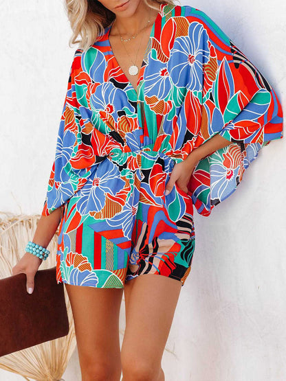 Tied Printed Kimono Sleeve Romper-Angel Casuals