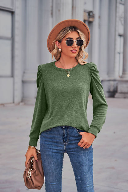 Heathered Puff Sleeve Round Neck Tunic Top-Angel Casuals