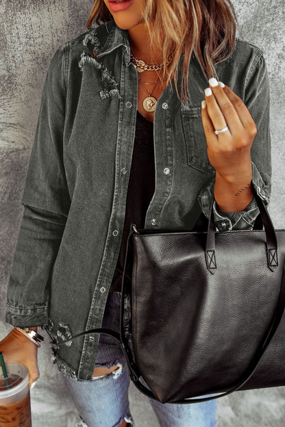Distressed Raw Hem Snap Down Denim Jacket-Angel Casuals
