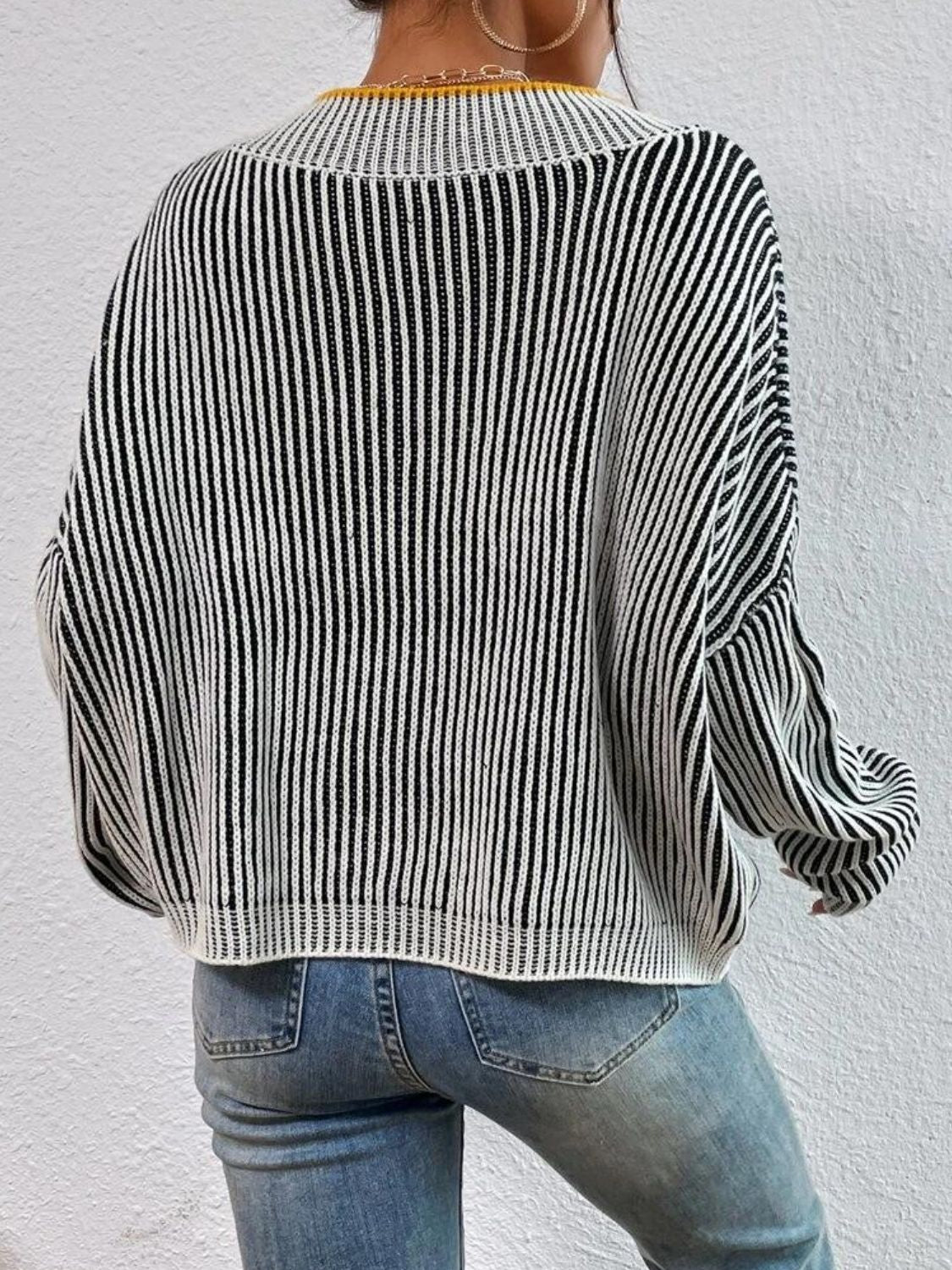 Striped V-Neck Long Sleeve Sweater-Angel Casuals