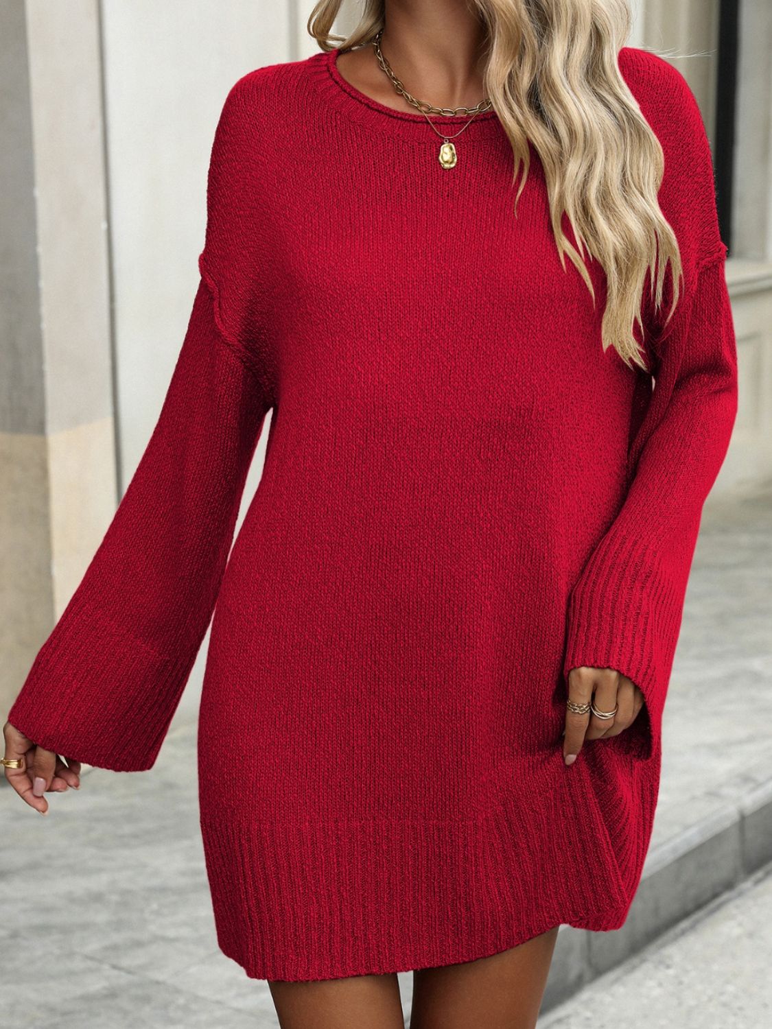 Round Neck Dropped Shoulder Sweater-Angel Casuals