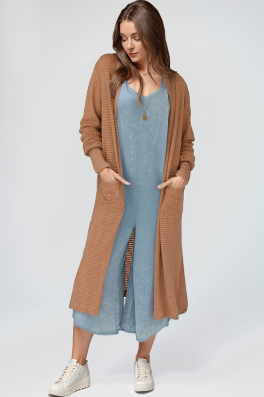 Open Front Long Sleeve Longline Slit Cardigan-Angel Casuals