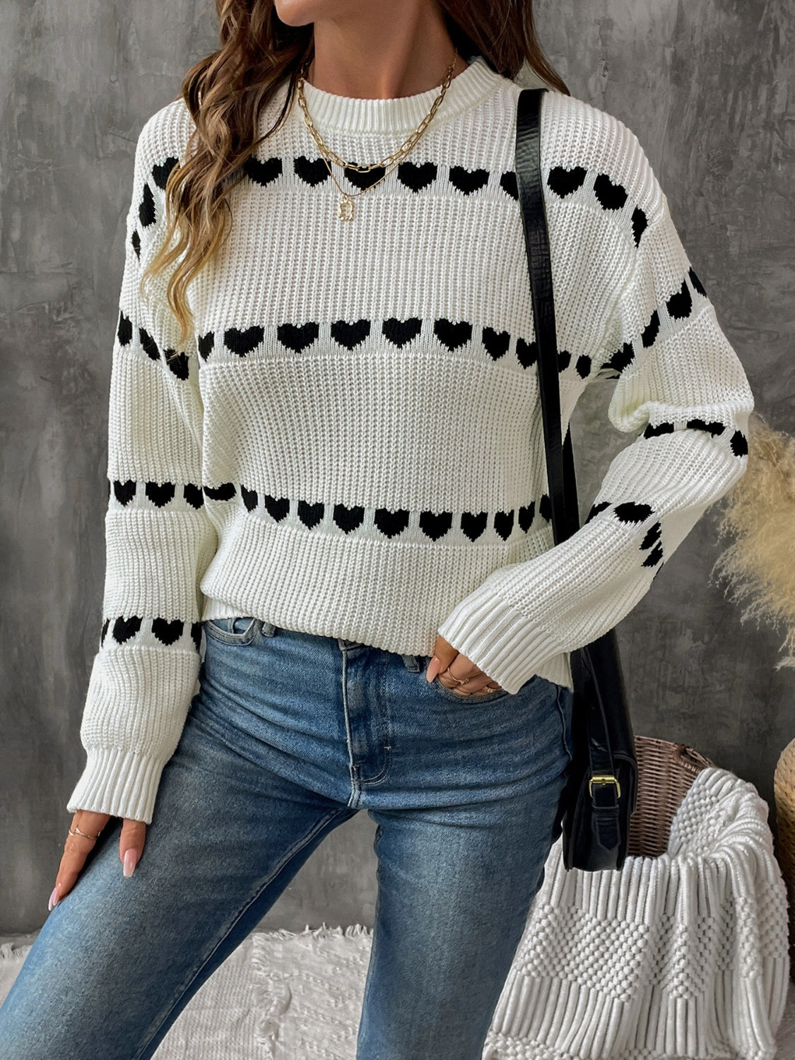 Perfee Heart Round Neck Long Sleeve Sweater-Angel Casuals