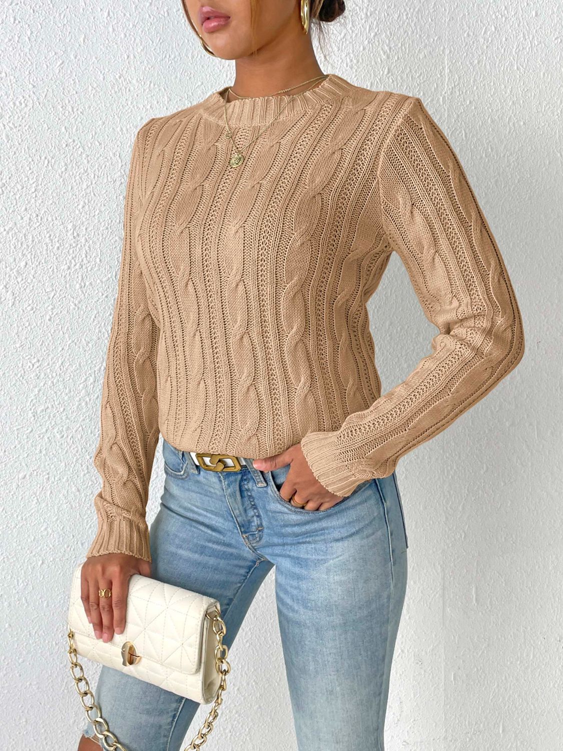 Cable-Knit Round Neck Sweater-Angel Casuals