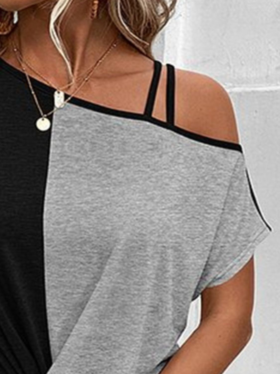 Contrast Asymmetrical Neck Short Sleeve T-Shirt-Angel Casuals