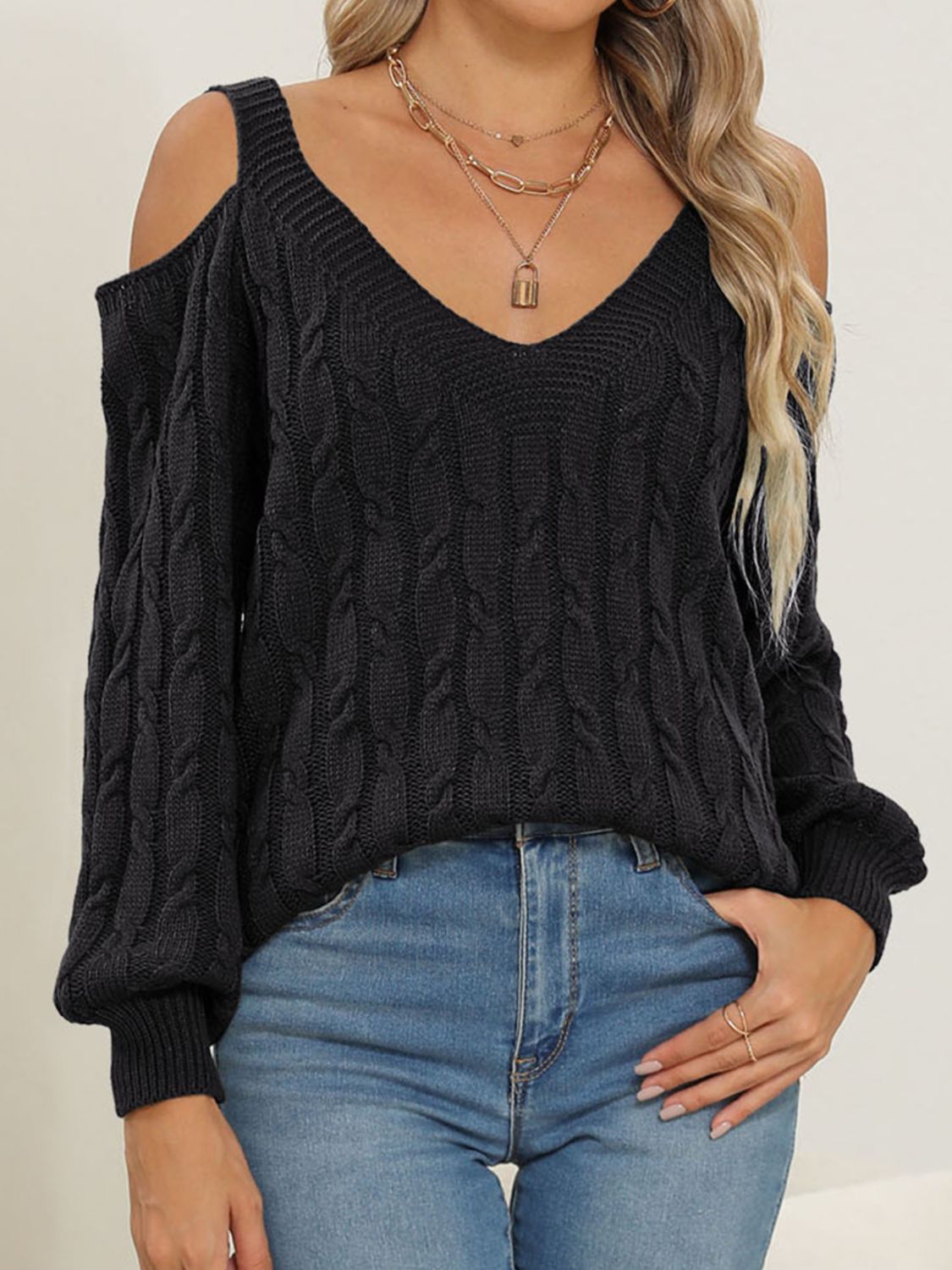 Cable-Knit V-Neck Long Sleeve Sweater-Angel Casuals