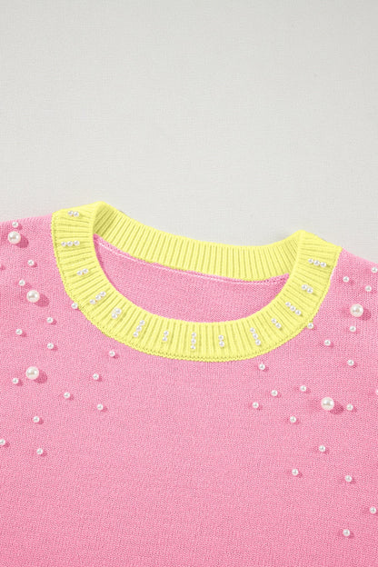 Pearl Detail Contrast Round Neck Sweater-Angel Casuals