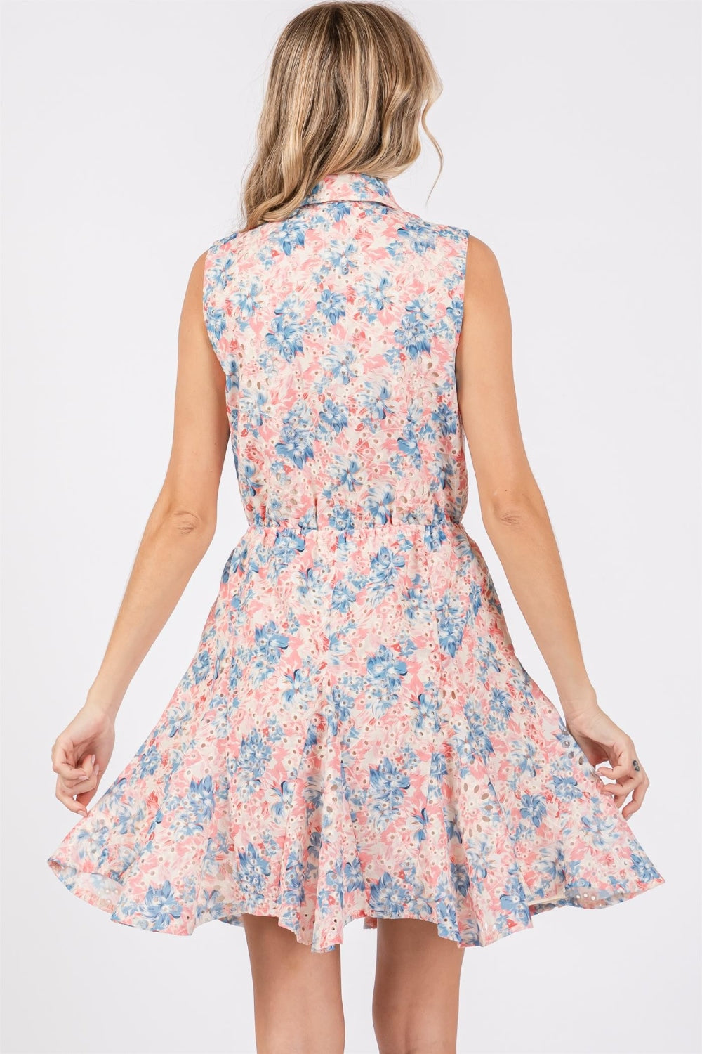 GeeGee Full Size Floral Eyelet Sleeveless Mini Dress-Angel Casuals