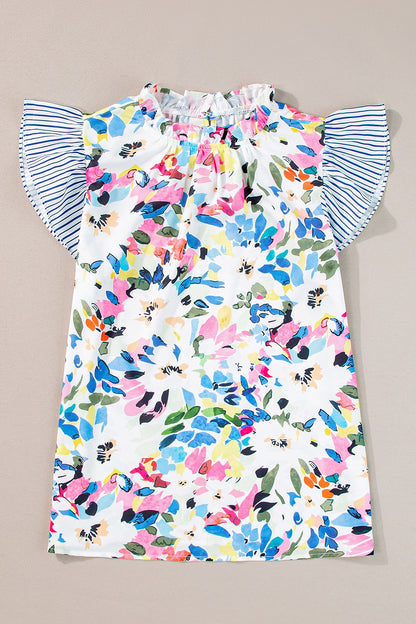 Ruffled Printed Mock Neck Cap Sleeve Blouse-Angel Casuals