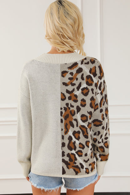 Leopard V Neck Drop Shoulder Sweater-Angel Casuals