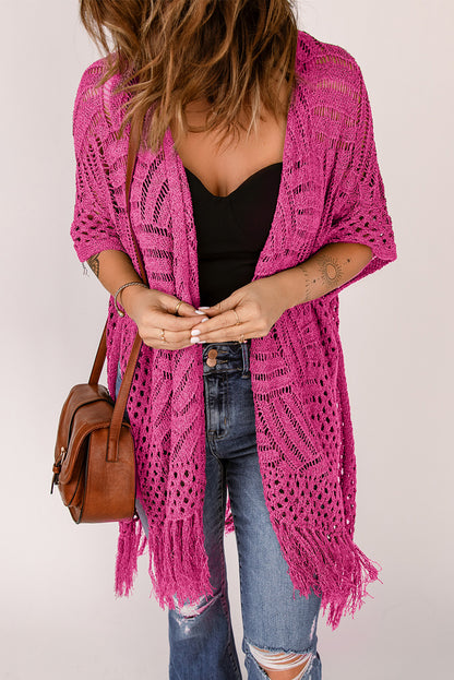 Openwork Open Front Cardigan with Fringes-Angel Casuals