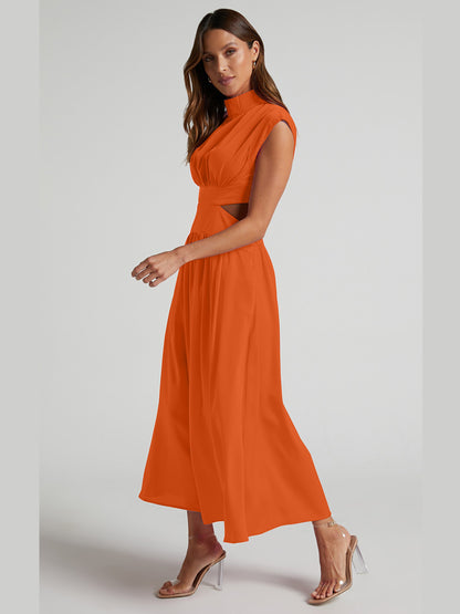 Cutout Mock Neck Sleeveless Ruched Dress-Angel Casuals