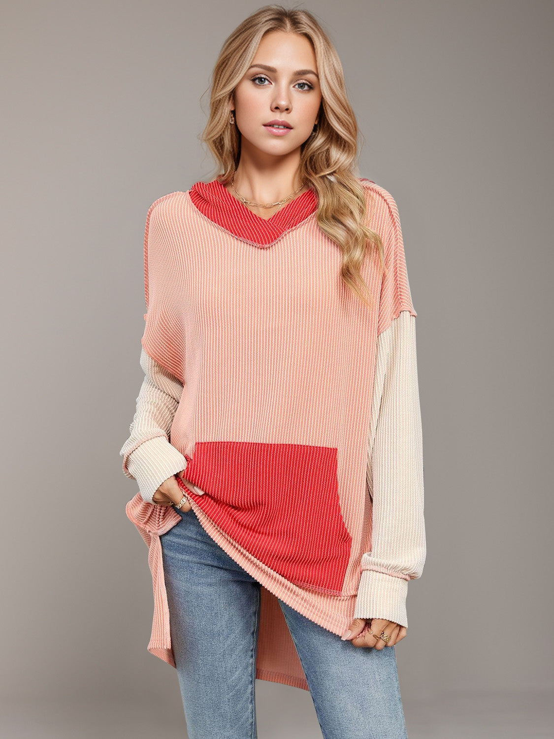 Double Take Contrast Hooded Long Sleeve Top-Angel Casuals