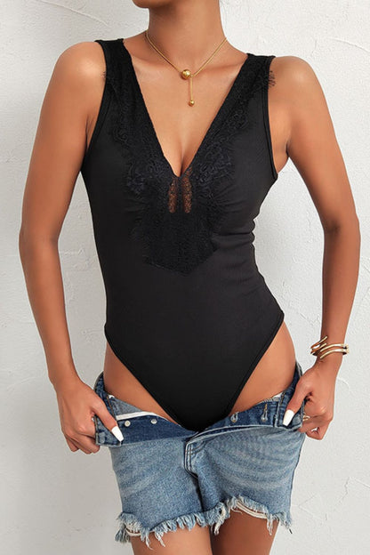 Spliced Lace Deep V Sleeveless Bodysuit-Angel Casuals