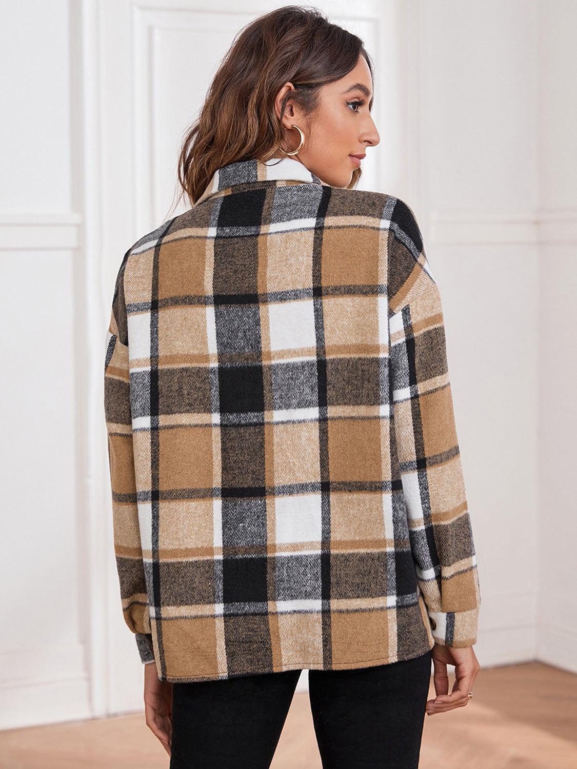 Plaid Collared Neck Button Down Jacket-Angel Casuals