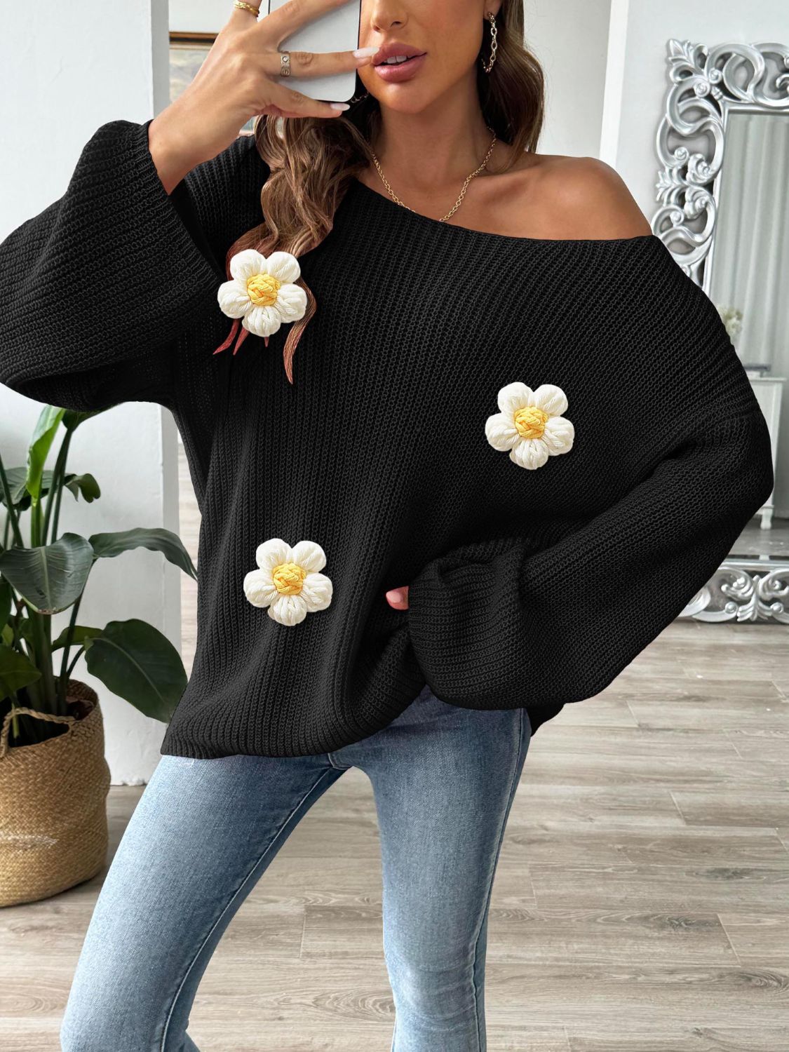 Flower Round Neck Long Sleeve Sweater-Angel Casuals