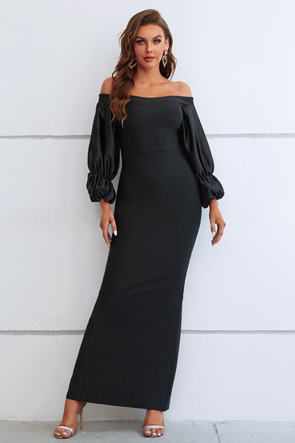 Off-Shoulder Bubble Sleeve Slit Dress-Angel Casuals