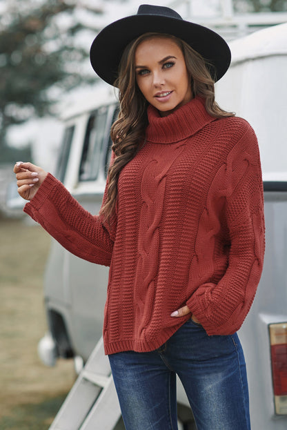 Cable-Knit Turtleneck Dropped Shoulder Sweater-Angel Casuals