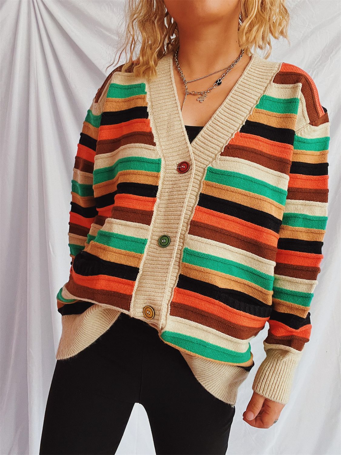 Contrast Stripes Button Up Long Sleeve Cardigan-Angel Casuals