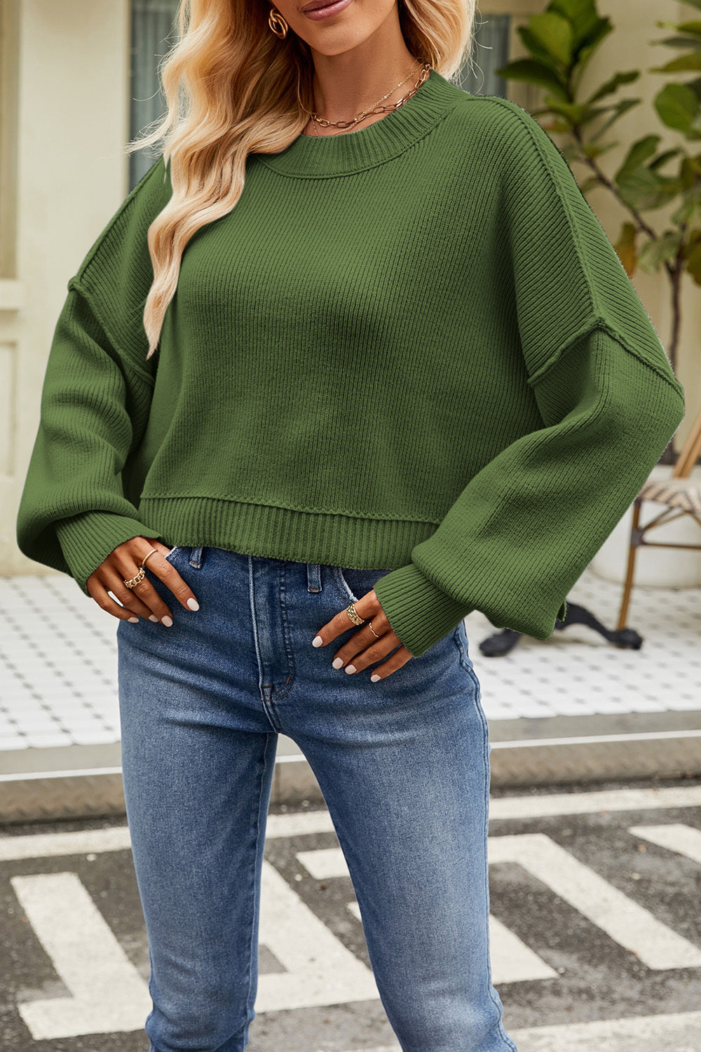 Round Neck Dropped Shoulder Sweater-Angel Casuals