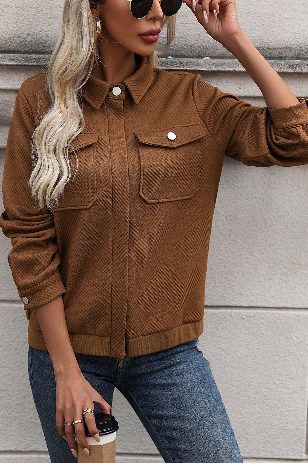 Perfee Textured Zip Up Collared Neck Jacket-Angel Casuals
