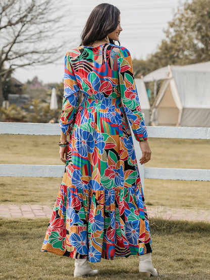 Printed Smocked Tie Neck Balloon Sleeve Maxi Dress-Angel Casuals