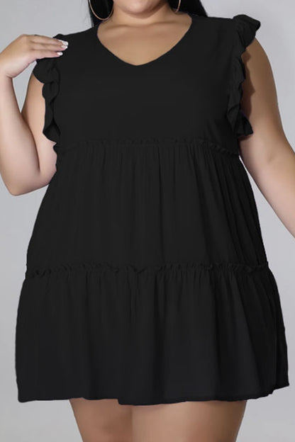 Plus Size V-Neck Frill Trim Mini Dress-Angel Casuals