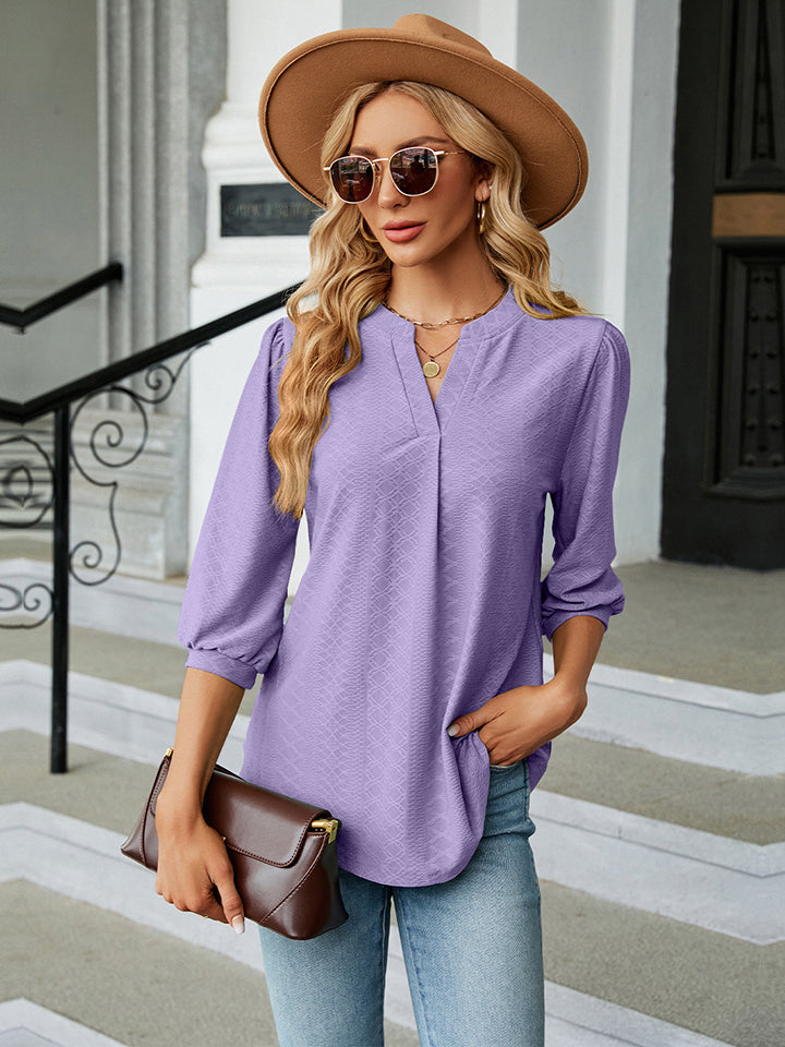 Notched Neck Three-Quarter Sleeve Blouse-Angel Casuals