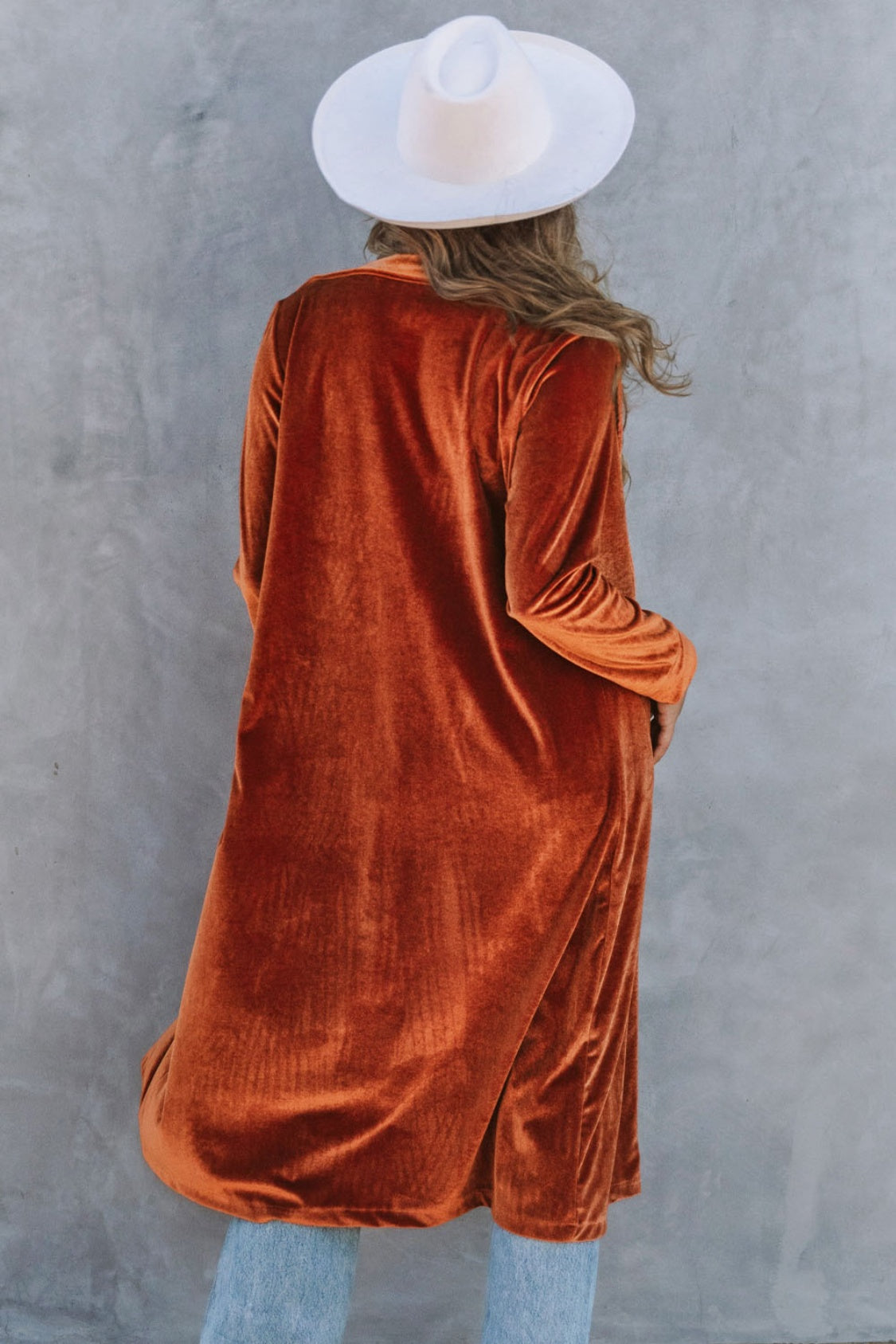 Collared Neck Longline Velvet Cardigan with Pockets-Angel Casuals