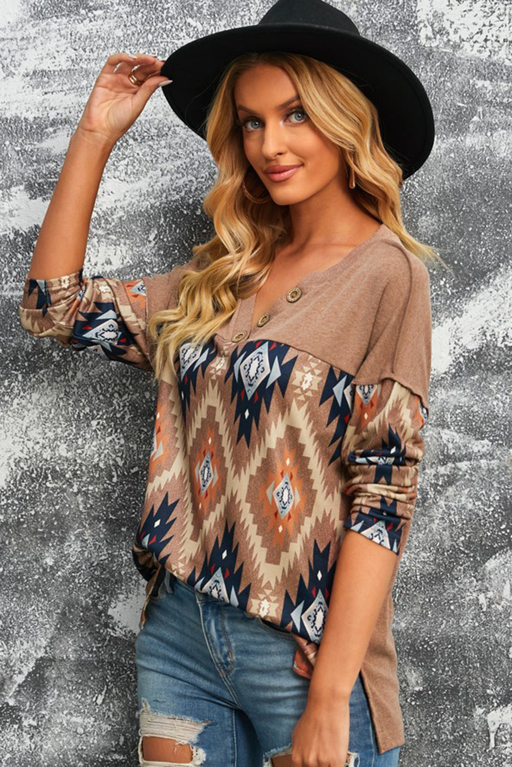 Brown Western Print Buttoned V Neck Top-Angel Casuals