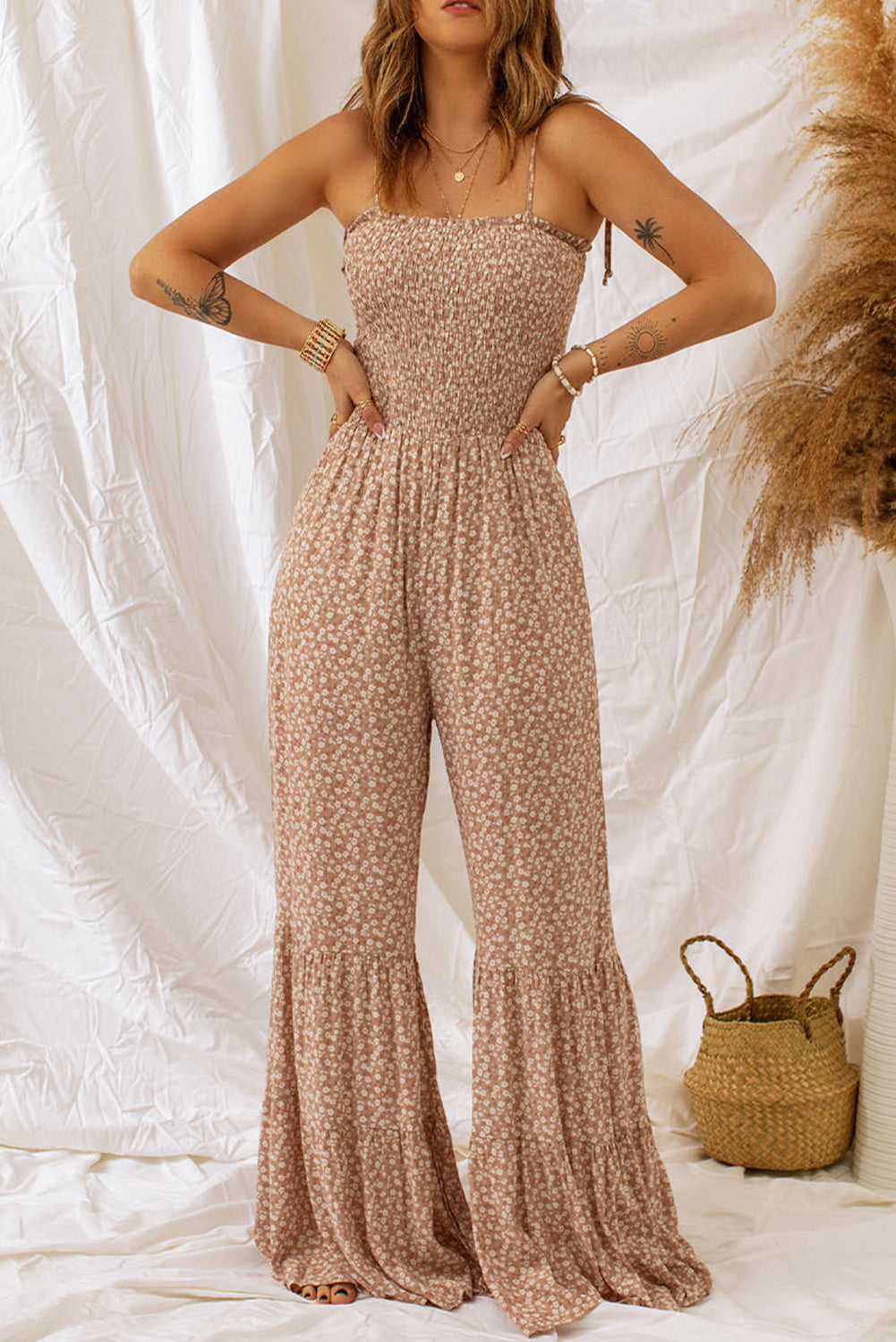 Floral Spaghetti Strap Smocked Wide Leg Jumpsuit-Angel Casuals