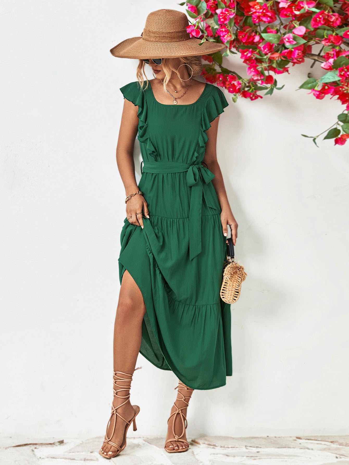 Tie Belt Ruffled Tiered Dress-Angel Casuals