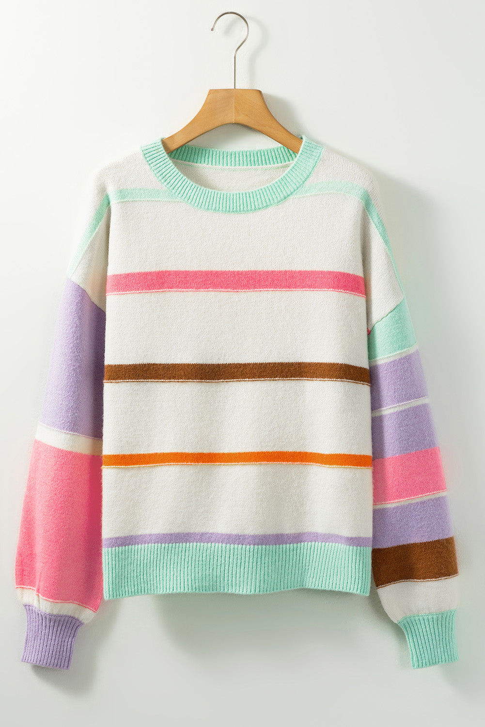 Contrast Striped Round Neck Drop Shoulder Sweater-Angel Casuals