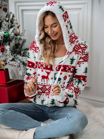 Drawstring Christmas Element Zip Up Hooded Jacket-Angel Casuals