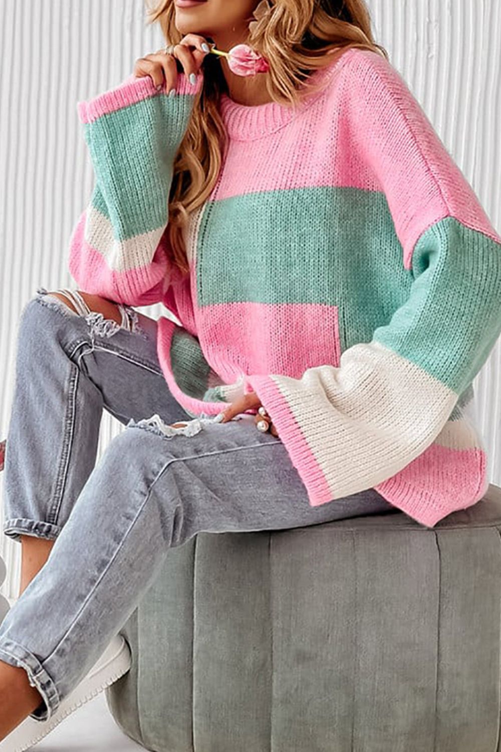 Color Block Round Neck Drop Shoulder Sweater-Angel Casuals