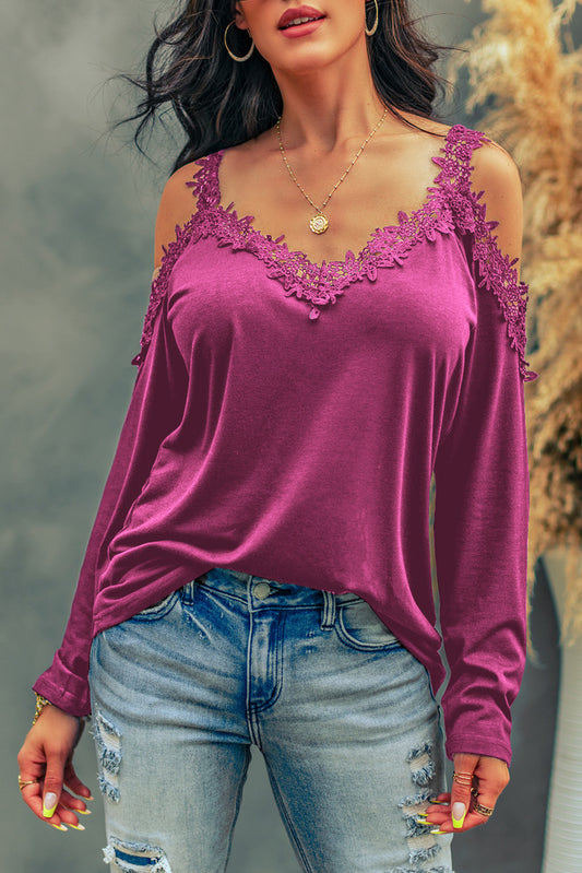 Lace Detail Cold Shoulder Long Sleeve T-Shirt-Angel Casuals