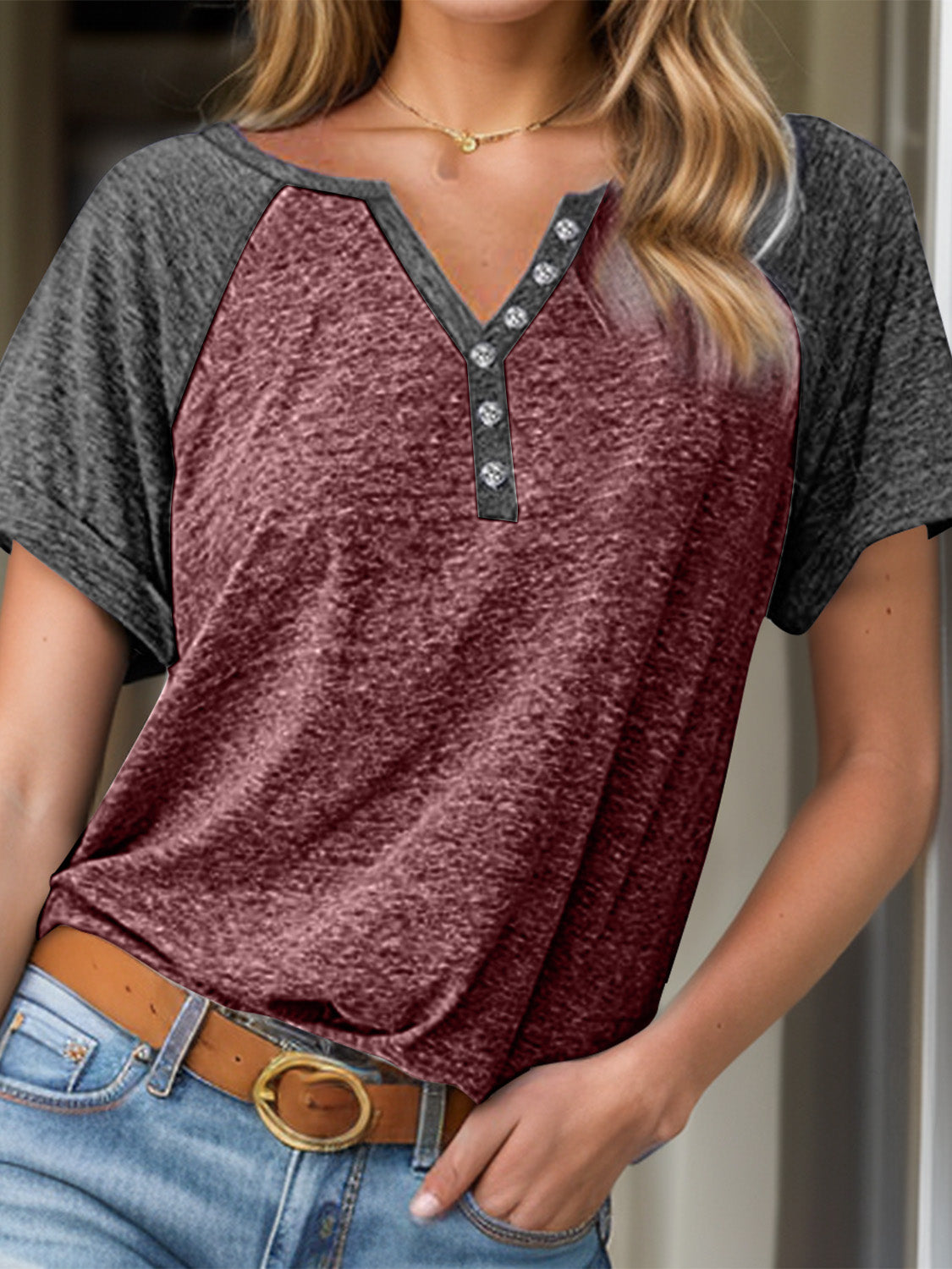 Contrast Notched Short Sleeve T-Shirt-Angel Casuals