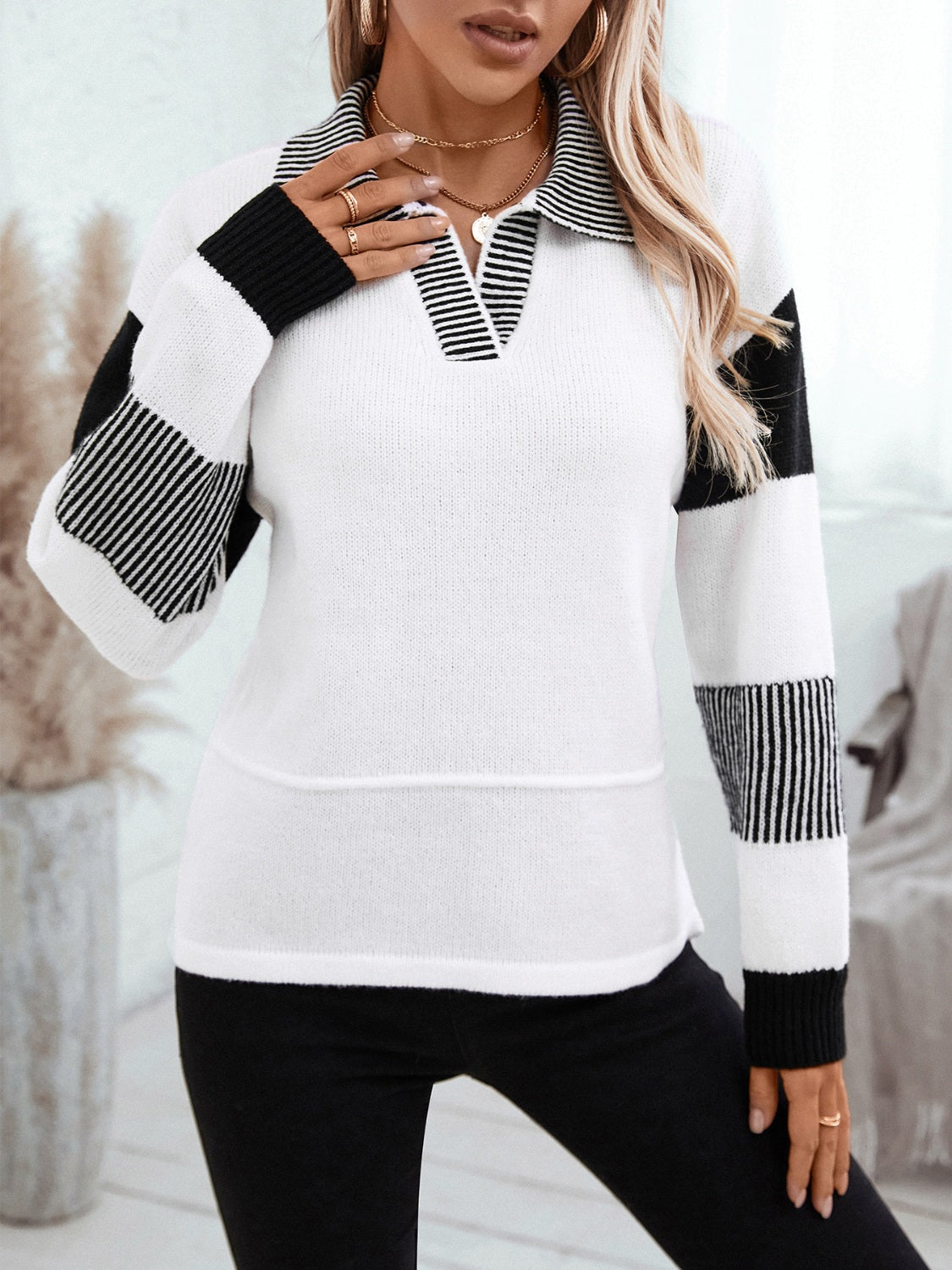 Striped Johnny Collar Drop Shoulder Sweater-Angel Casuals