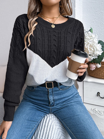 Cable-Knit Color Block Round Neck Sweater-Angel Casuals