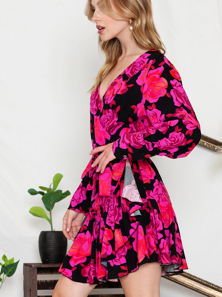 Floral Print Surplice Neck Long Sleeve Dress-Angel Casuals