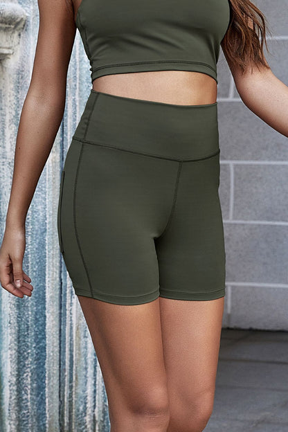 Exposed Seam Decorative Button Yoga Shorts-Angel Casuals