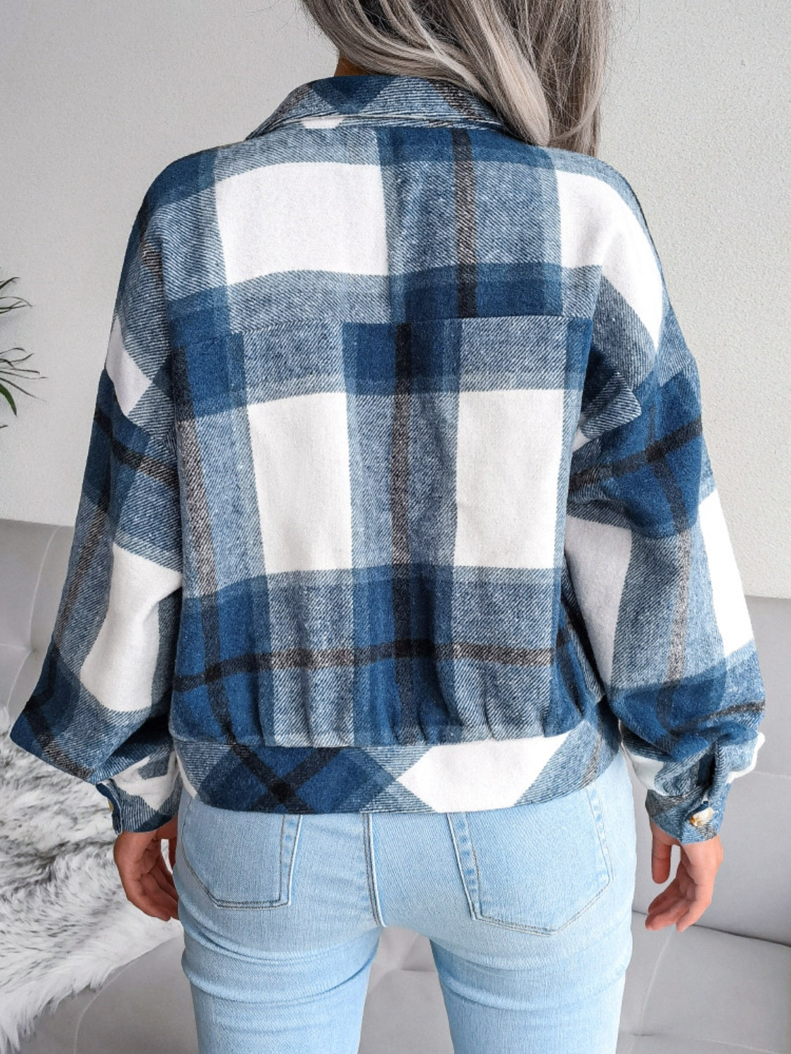 Plaid Collared Neck Long Sleeve Jacket-Angel Casuals