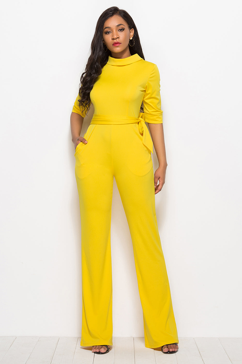 Mock Neck Tie-Waist Half Sleeve Jumpsuit-Angel Casuals